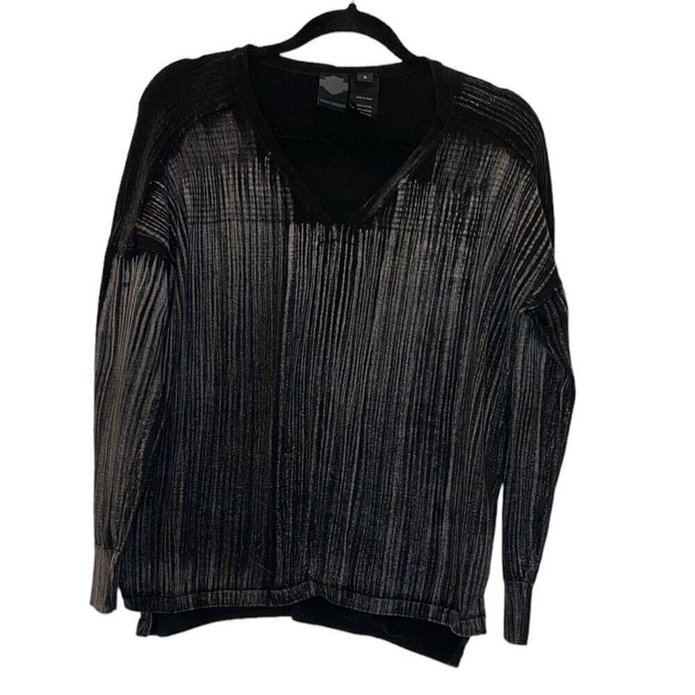 Harley-Davidson Soft Black Gray V-neck long Sleeve Stripe Cotton Top Womens